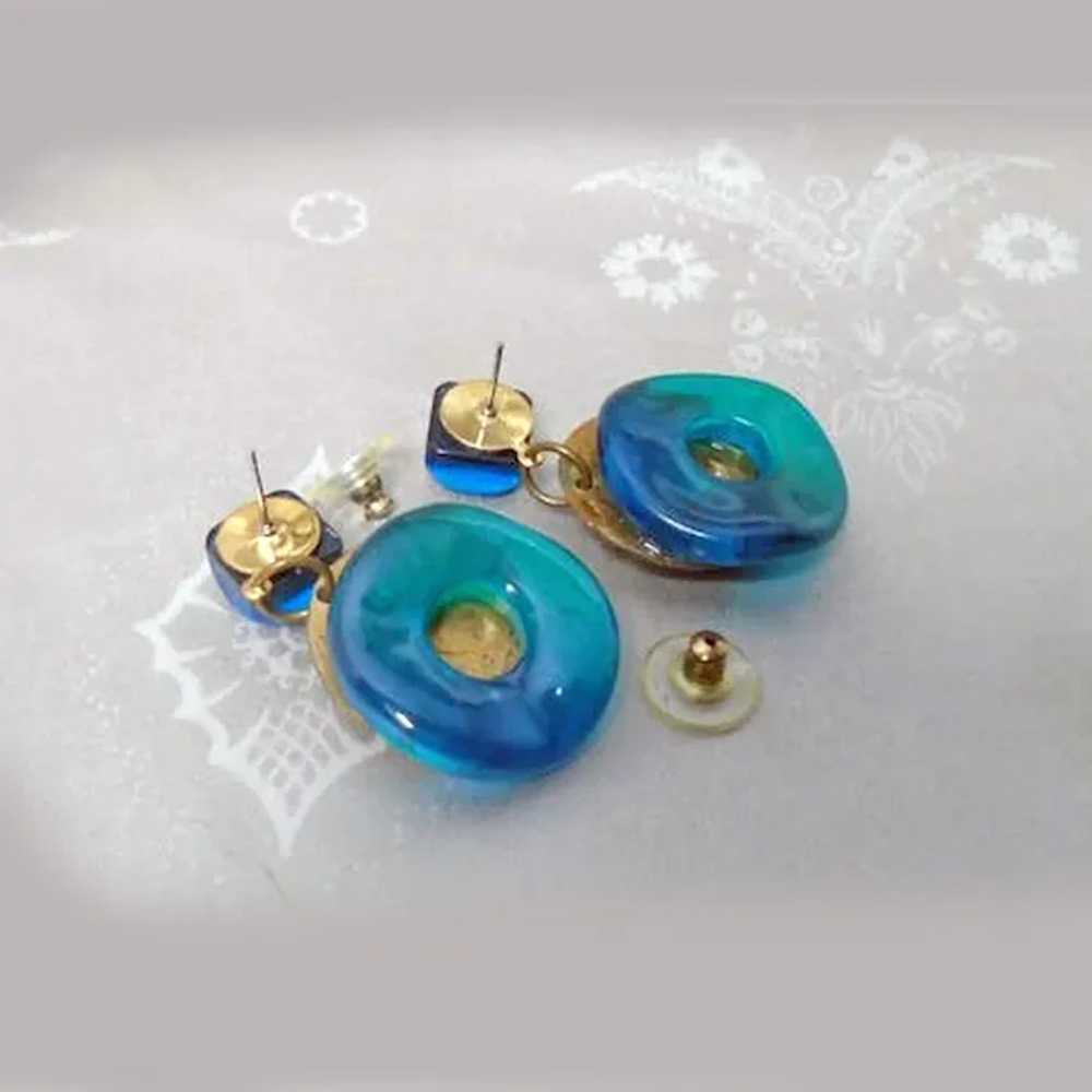 Ocean Blue & Gold Dangle Earrings Made With Vinta… - image 4