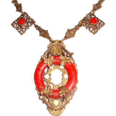 Art Nouveau Czech Necklace Red Coral Art Glass Sh… - image 1
