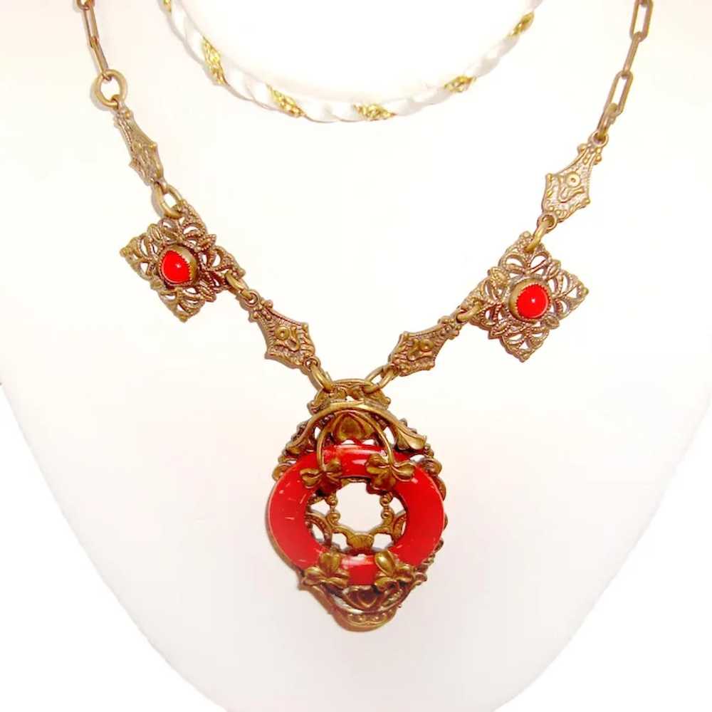 Art Nouveau Czech Necklace Red Coral Art Glass Sh… - image 2