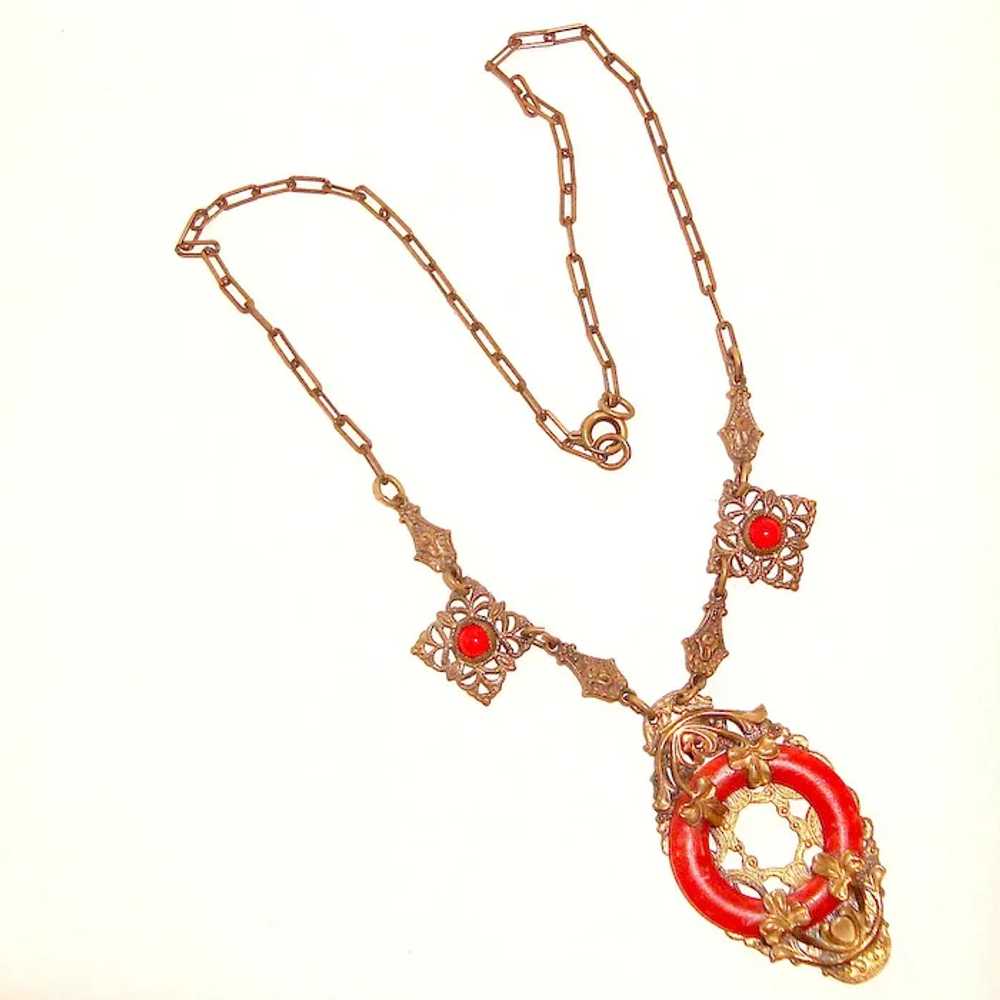 Art Nouveau Czech Necklace Red Coral Art Glass Sh… - image 3