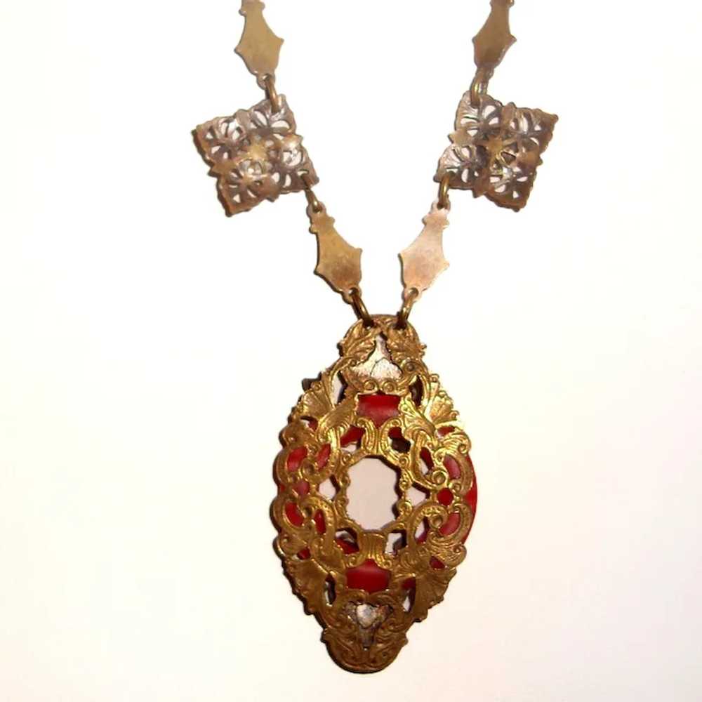 Art Nouveau Czech Necklace Red Coral Art Glass Sh… - image 4
