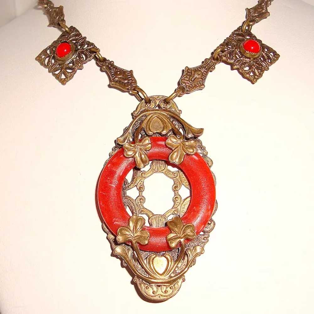 Art Nouveau Czech Necklace Red Coral Art Glass Sh… - image 5