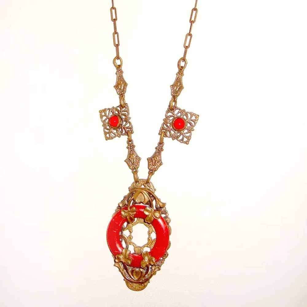 Art Nouveau Czech Necklace Red Coral Art Glass Sh… - image 6
