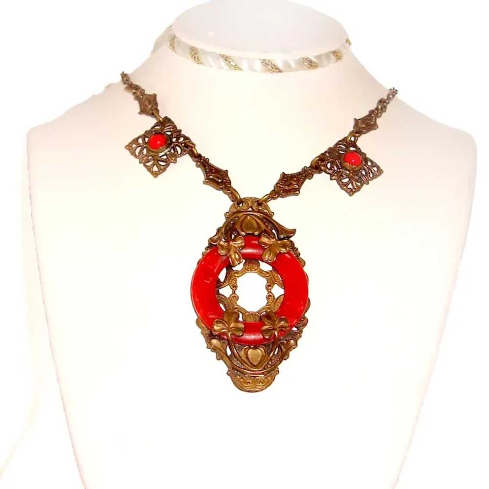 Art Nouveau Czech Necklace Red Coral Art Glass Sh… - image 8