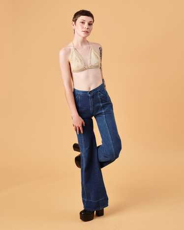 Vintage 1970s Girls Denim Blue Jeans: High Waist Bell Bottoms, New