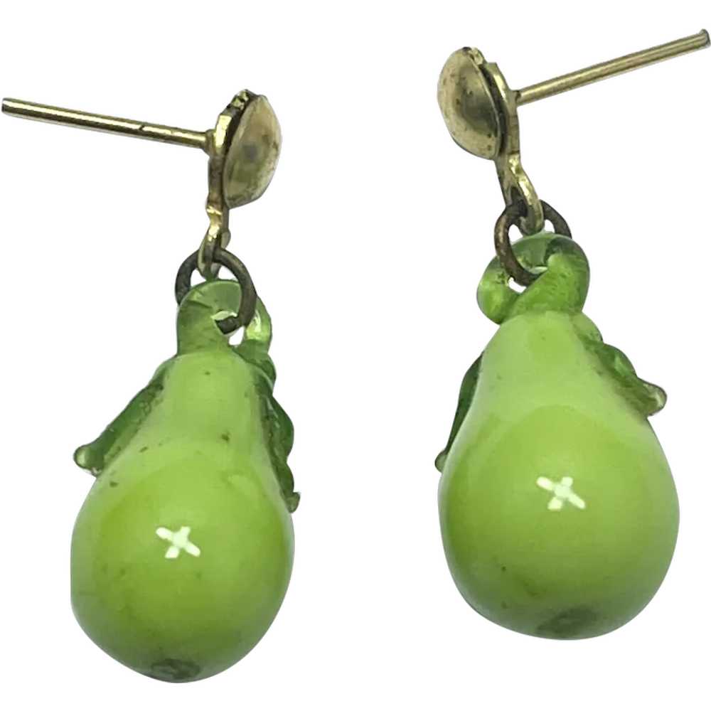 Vintage Green Pear Glass Fruit Earrings - image 1