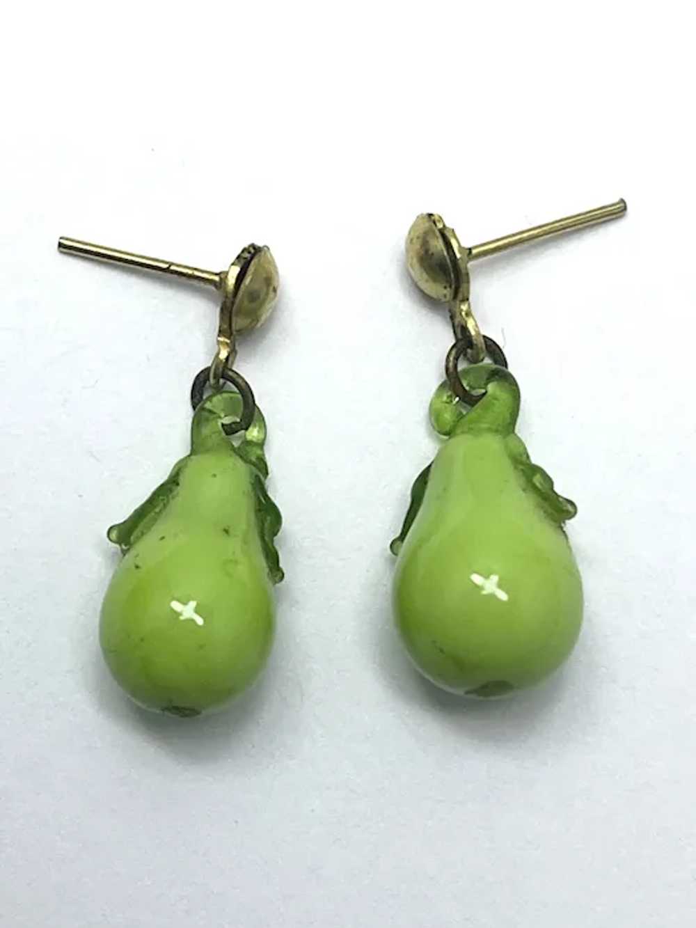 Vintage Green Pear Glass Fruit Earrings - image 2