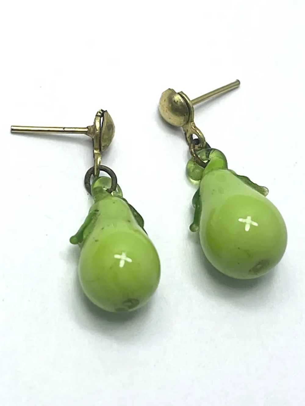 Vintage Green Pear Glass Fruit Earrings - image 3