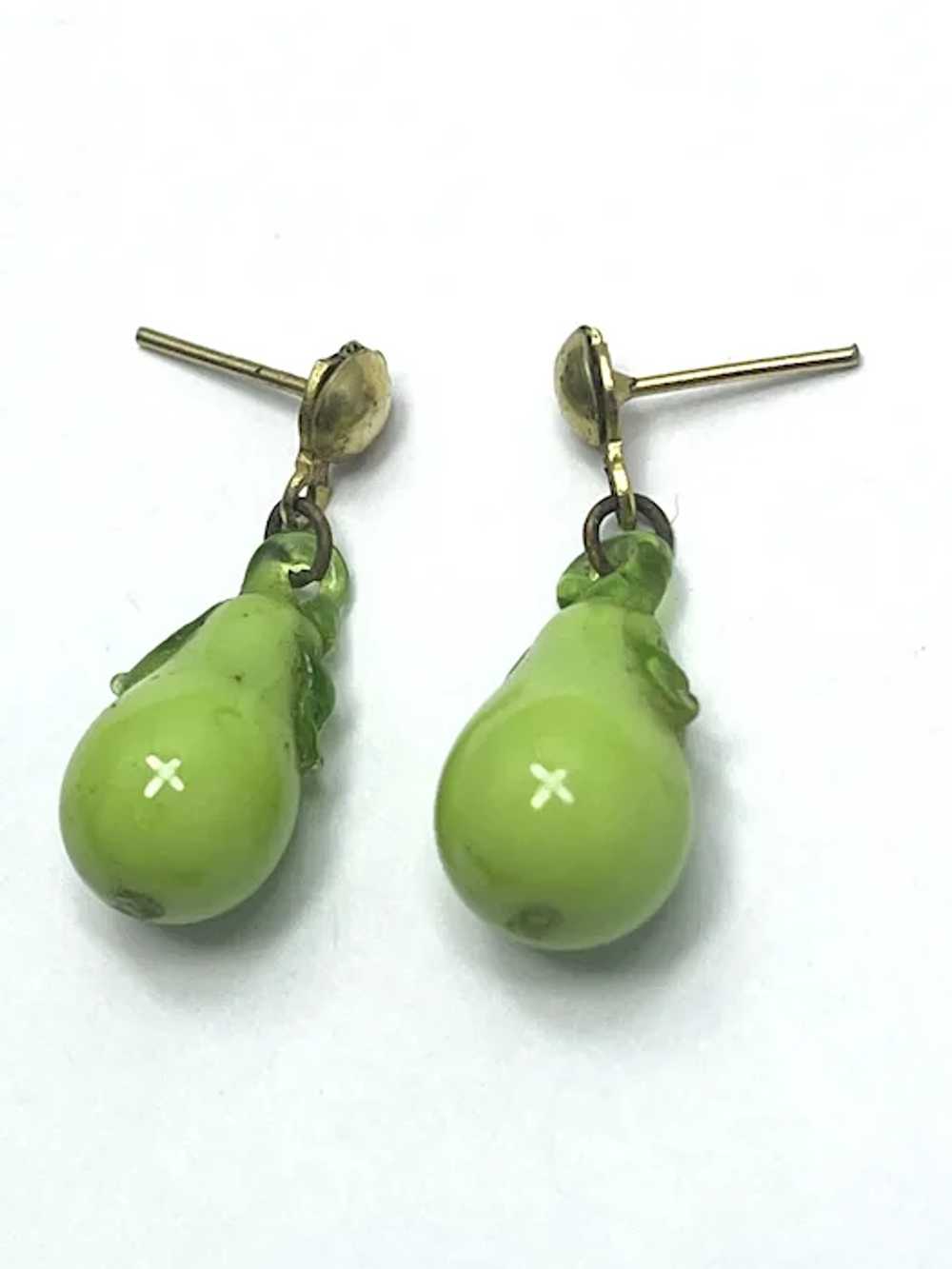 Vintage Green Pear Glass Fruit Earrings - image 4