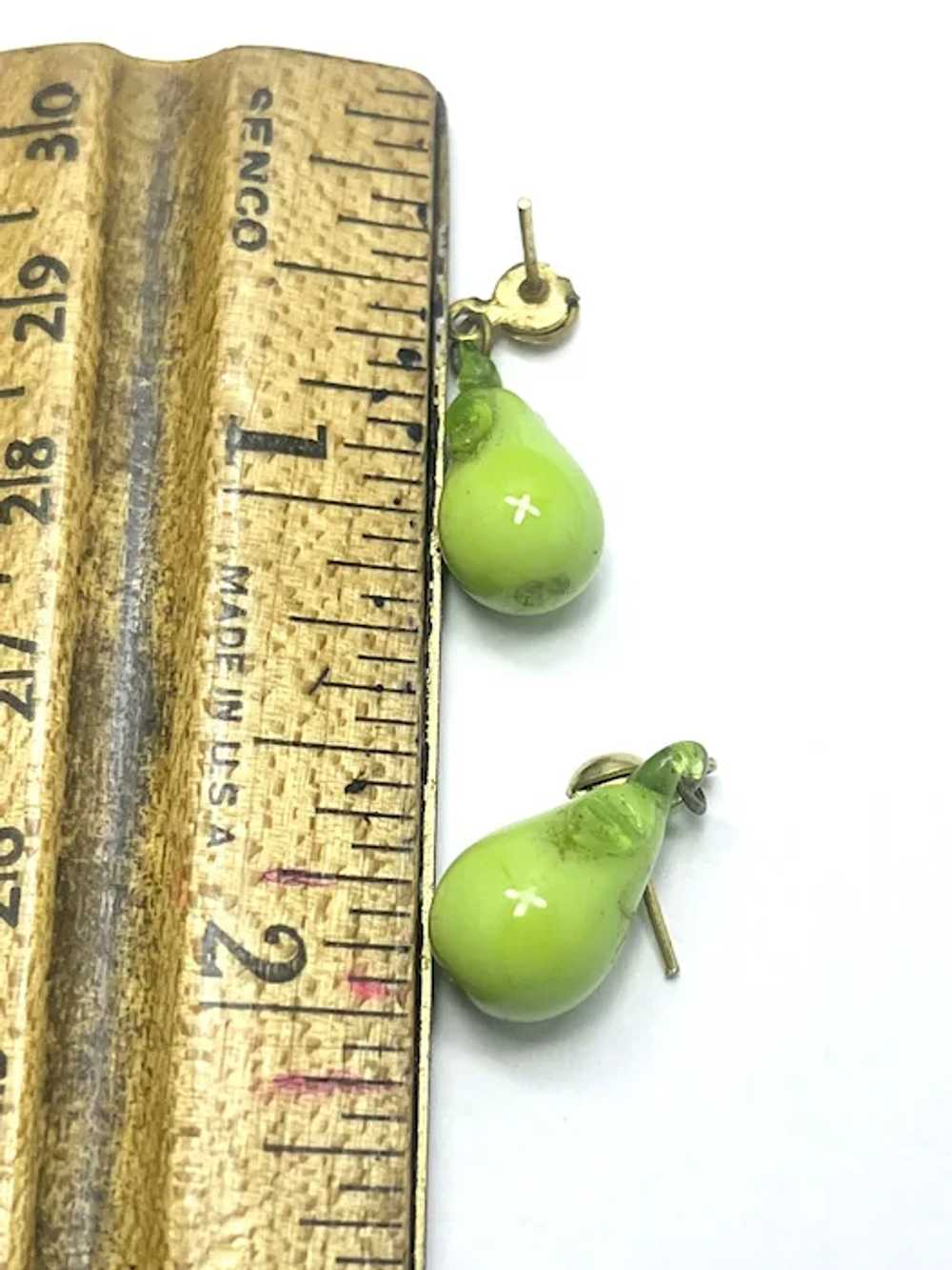 Vintage Green Pear Glass Fruit Earrings - image 5