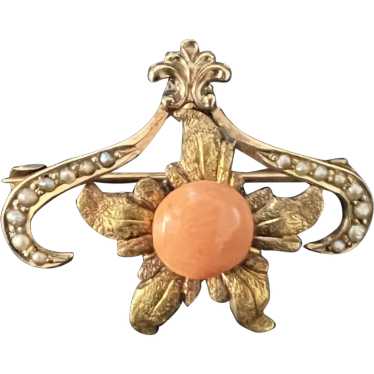 Antique Coral and Seed Pearls 10K Gold Pendant - image 1