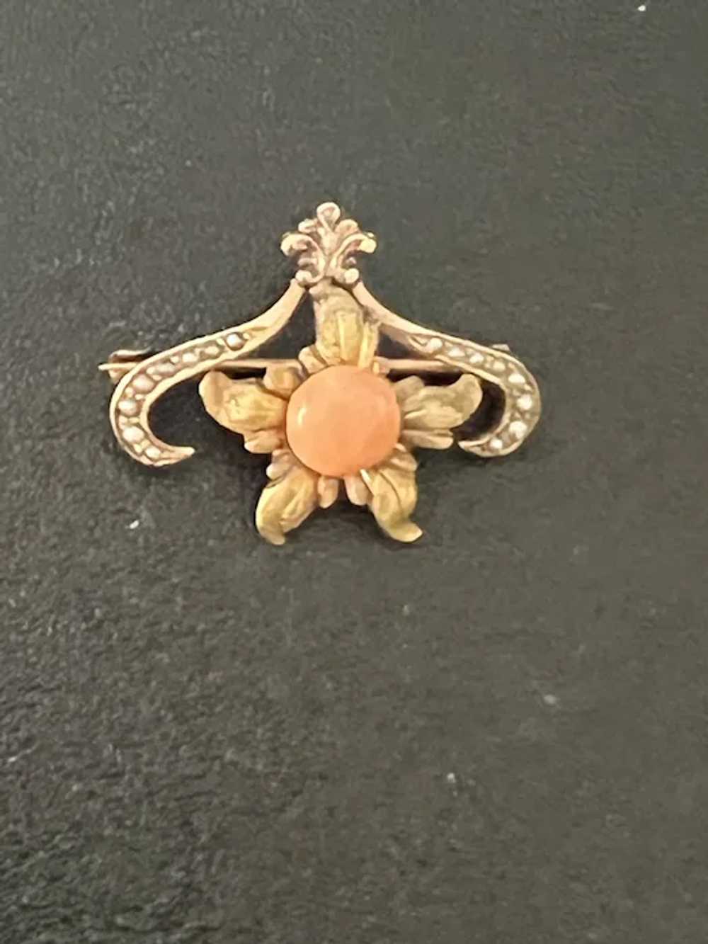 Antique Coral and Seed Pearls 10K Gold Pendant - image 4