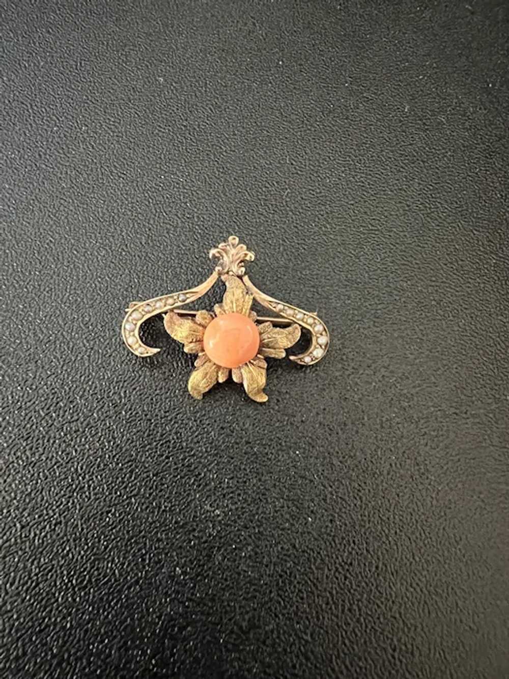 Antique Coral and Seed Pearls 10K Gold Pendant - image 5