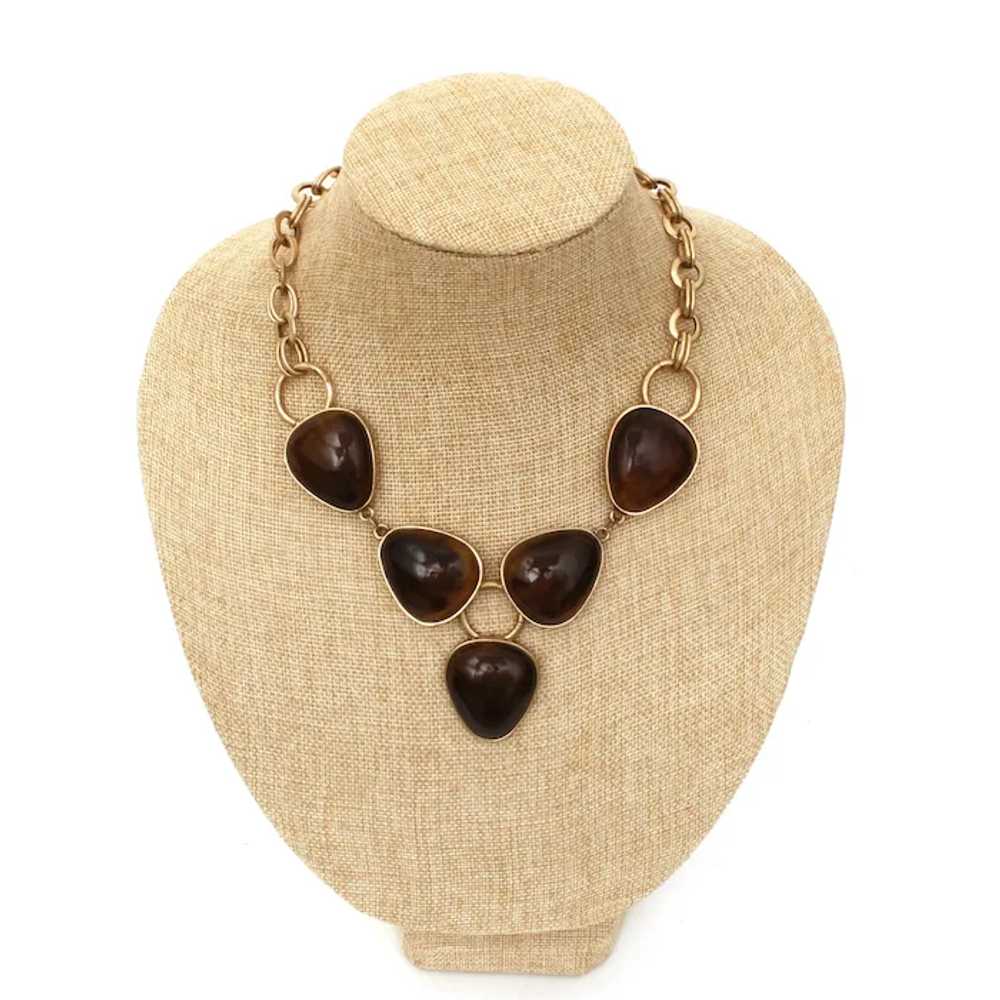 Gold Bronze Tone Necklace Brown Resin Cabochon St… - image 2