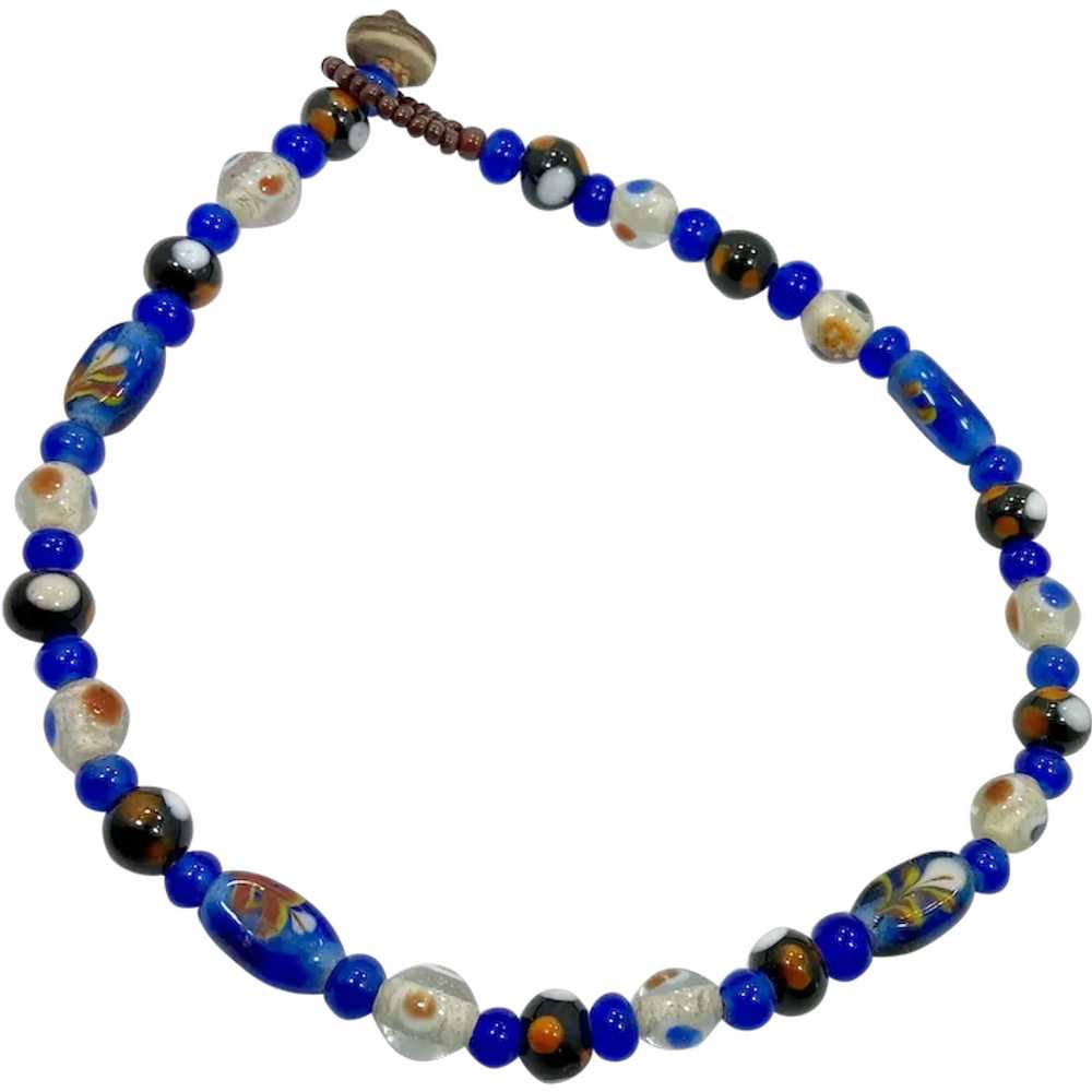 Art Glass Necklace, Blue, White, Choker, Vintage … - image 1