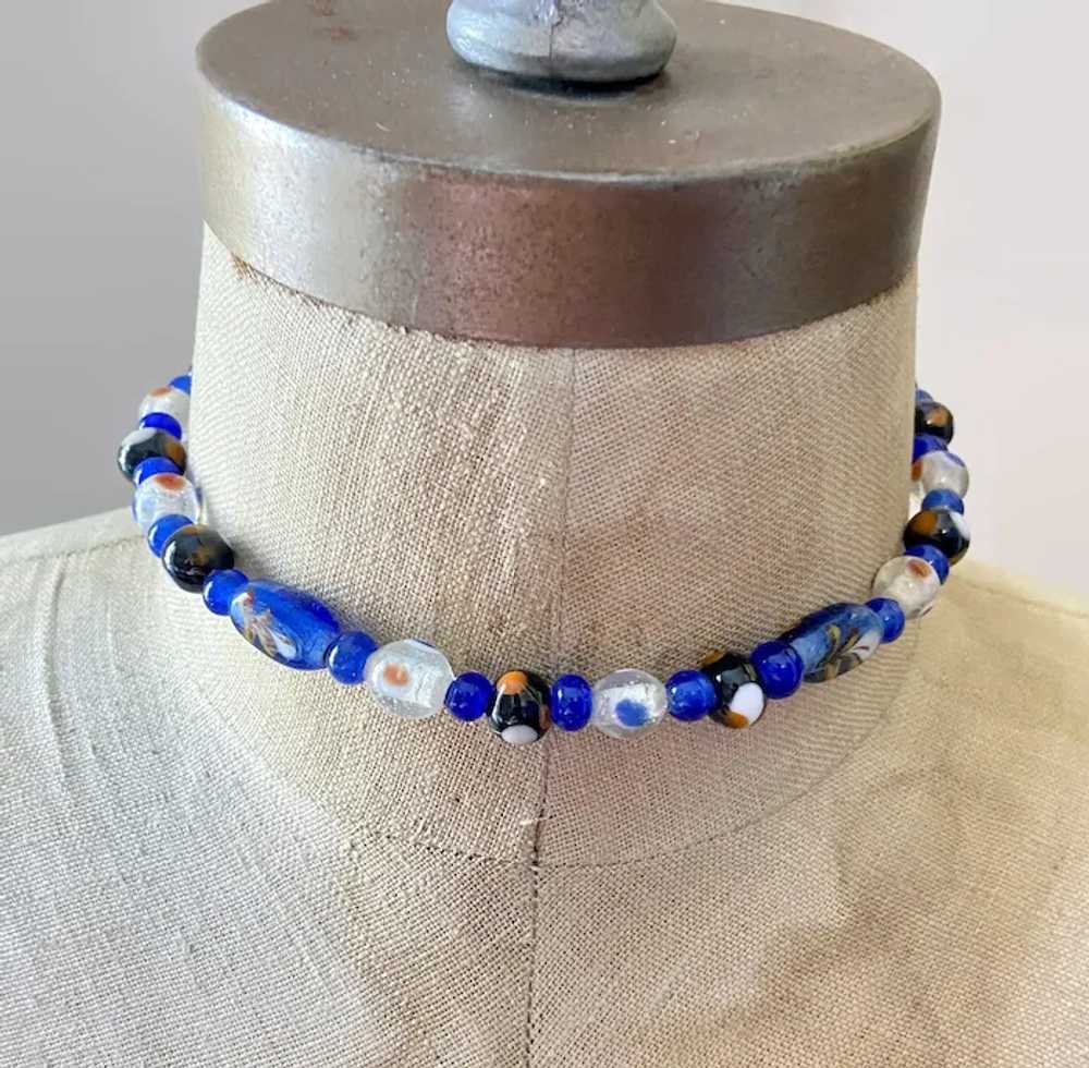 Art Glass Necklace, Blue, White, Choker, Vintage … - image 2