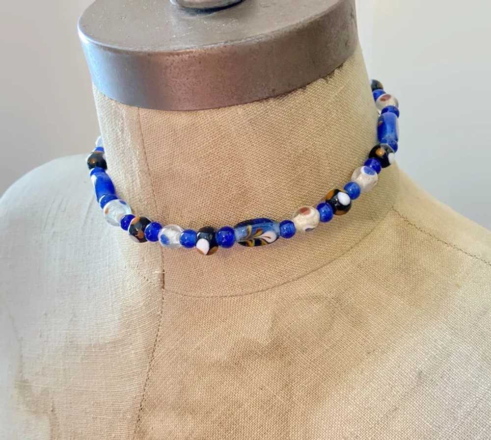 Art Glass Necklace, Blue, White, Choker, Vintage … - image 5