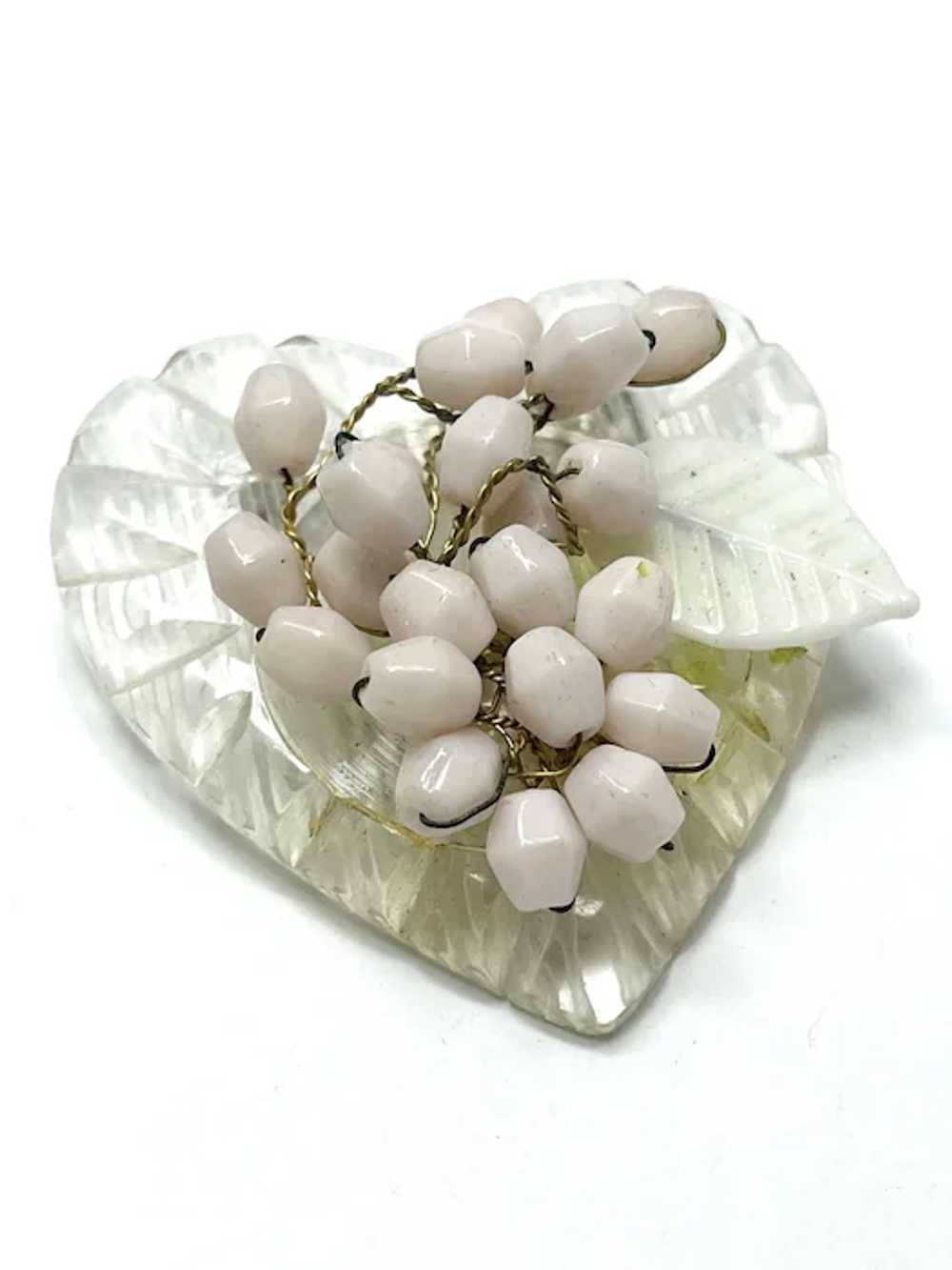 Vintage Pink Beaded Lucite Heart Brooch Pin - image 2