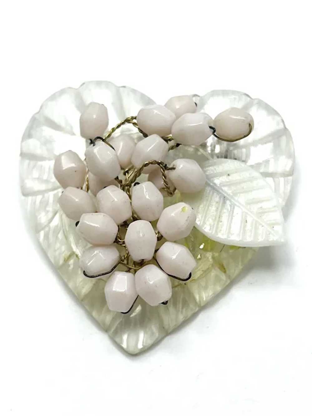 Vintage Pink Beaded Lucite Heart Brooch Pin - image 3