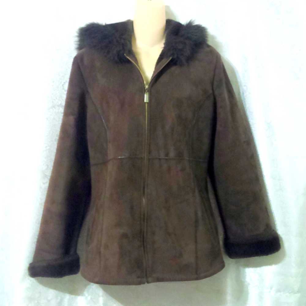 APOSTROPHE Brown Faux Fur Faux Suede Hooded Coat … - image 1