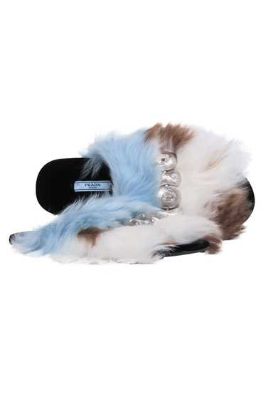 Prada - Cream & Blue Fur Upper Sandal w/ Large Sil