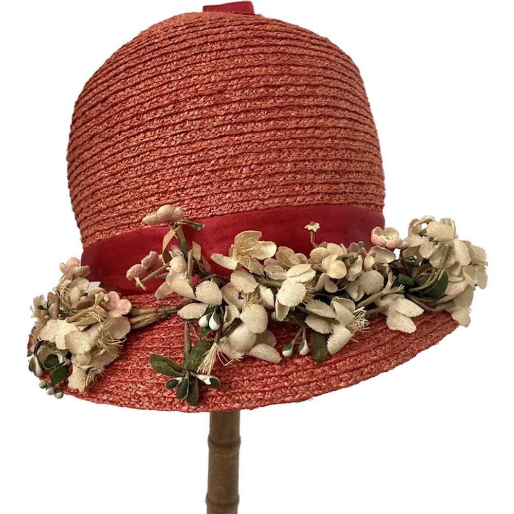 Child's Coral Straw Brimmed Cloche Hat With Flowe… - image 1