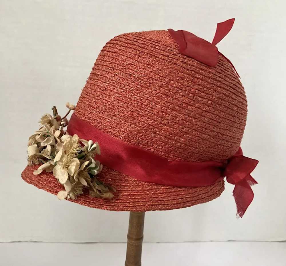 Child's Coral Straw Brimmed Cloche Hat With Flowe… - image 2