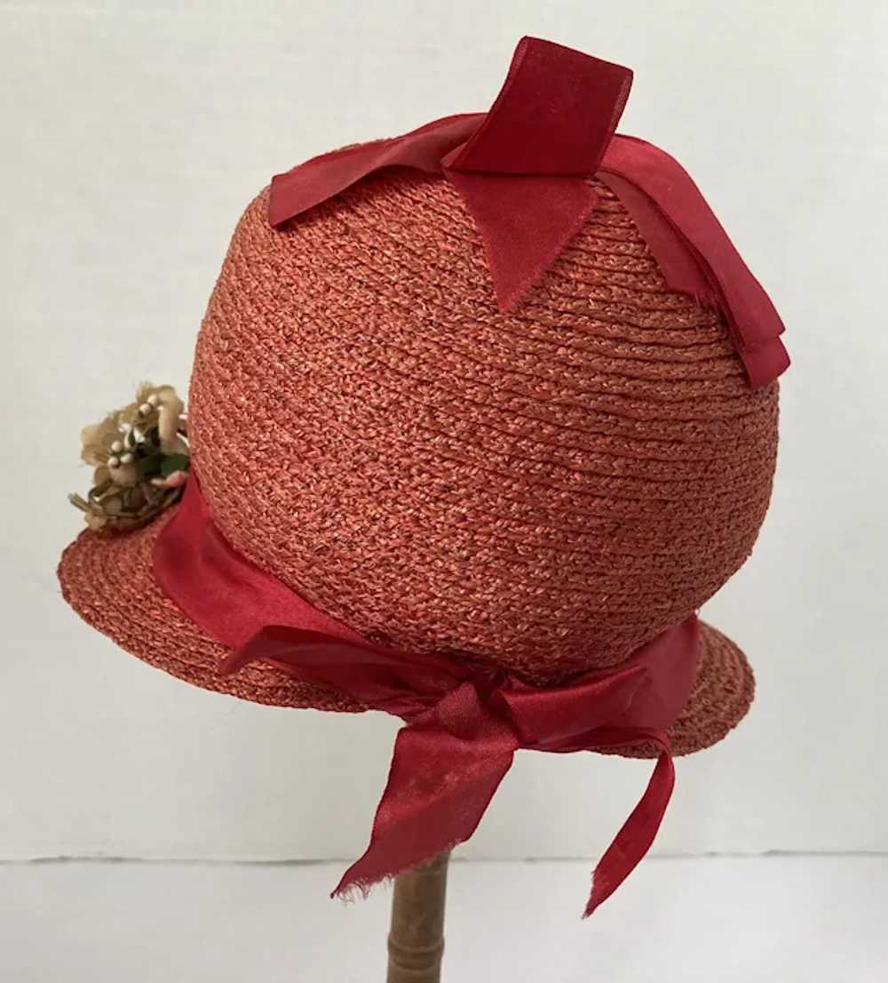 Child's Coral Straw Brimmed Cloche Hat With Flowe… - image 3