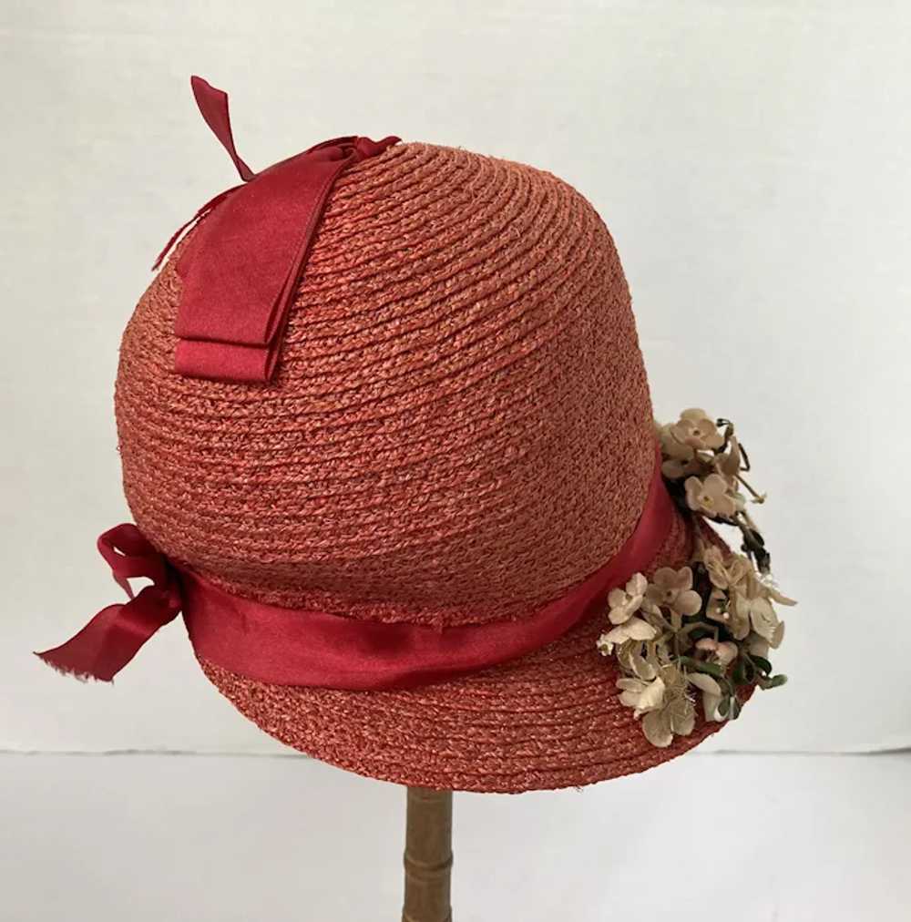 Child's Coral Straw Brimmed Cloche Hat With Flowe… - image 4