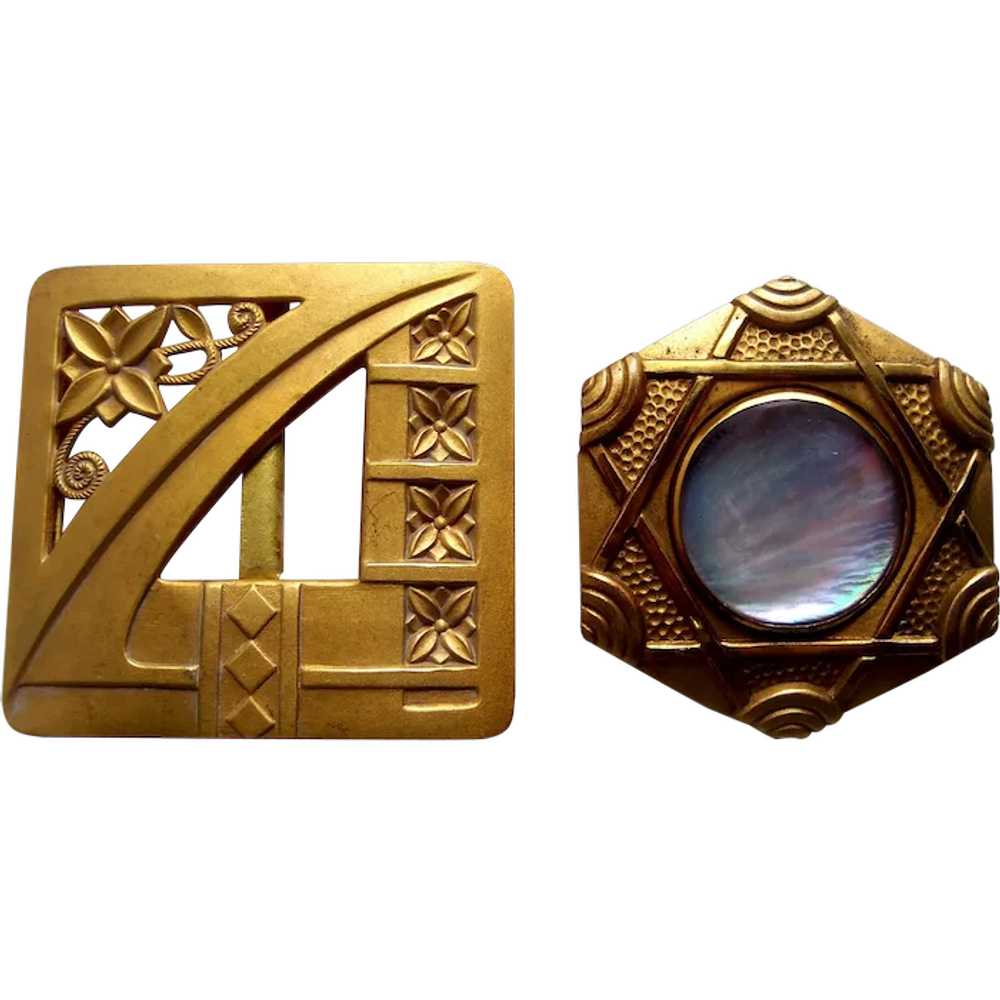 Two Art Nouveau belt or sash buckles in gilded br… - image 1