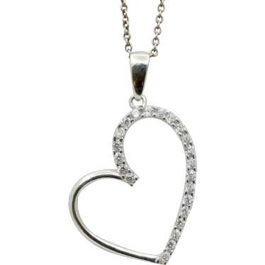 Vintage Heart White CZ 10K White Gold Pendant - image 1