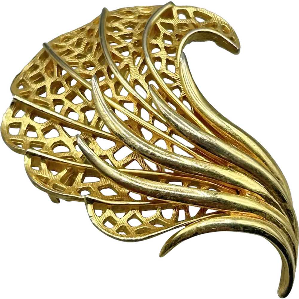 Abstract Leaf Brooch Stylistic Gold Tone Curled T… - image 1