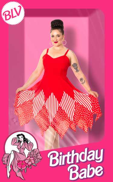 1970s Red Polka Dot Striped Handkerchief Dress | m