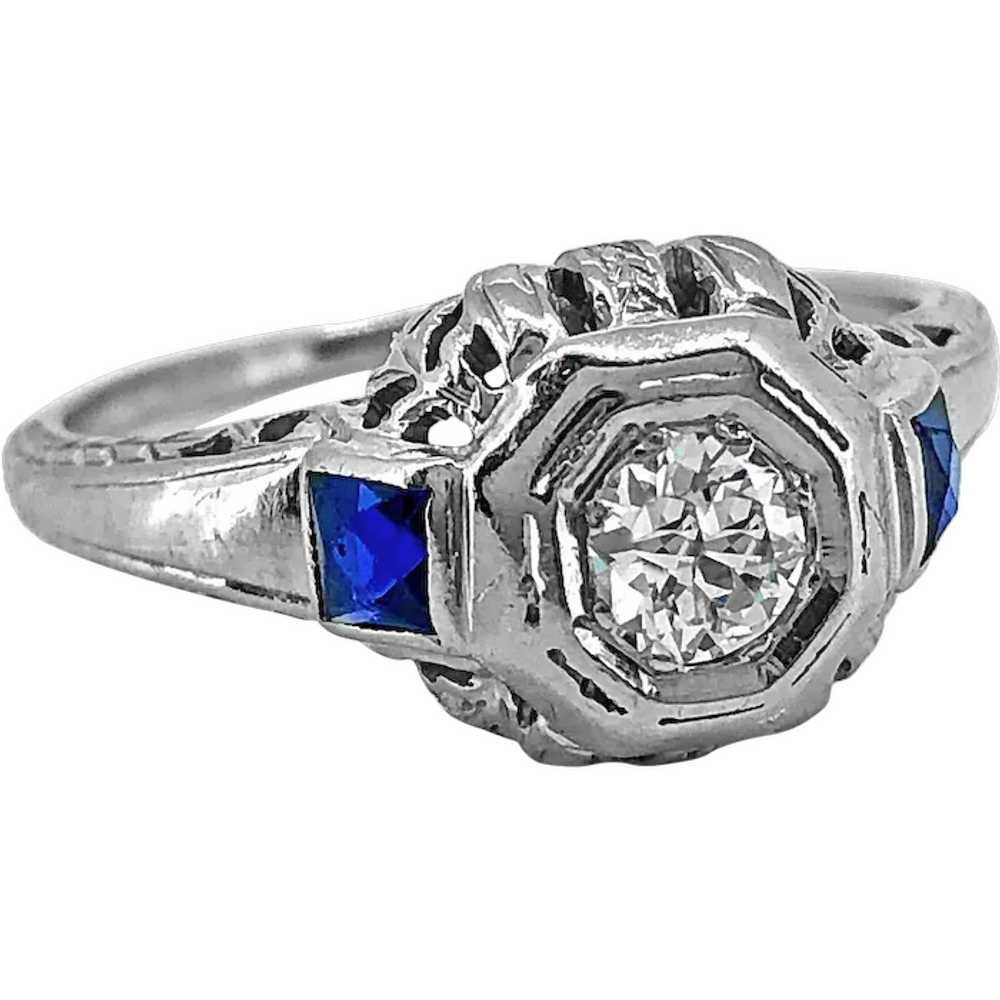 Art Deco .25ct. Diamond & Sapphire Antique Engage… - image 1