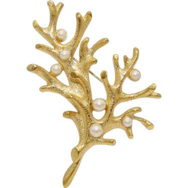 Trifari Branch Coral Pin Brooch with Faux Pearls - image 1