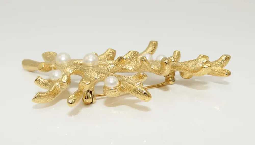Trifari Branch Coral Pin Brooch with Faux Pearls - image 3