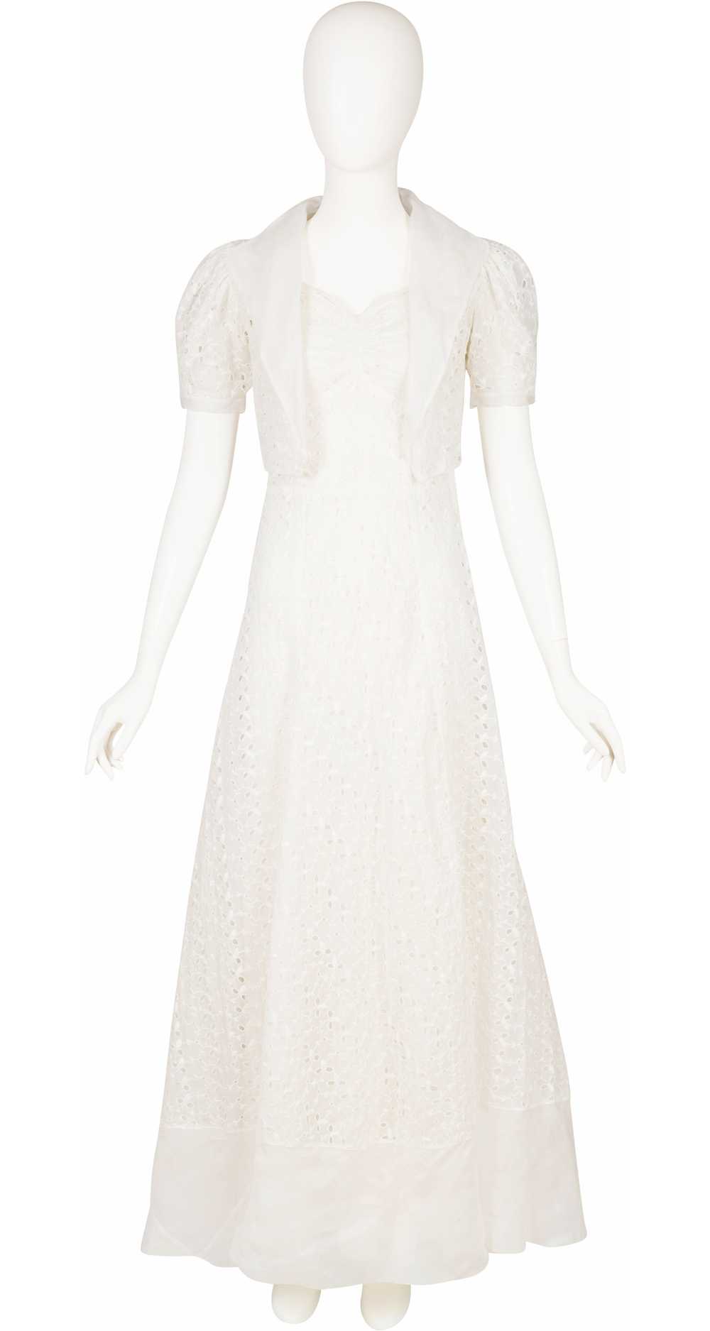 1930s White Silk Organza Eyelet Gown & Bolero Set - image 1