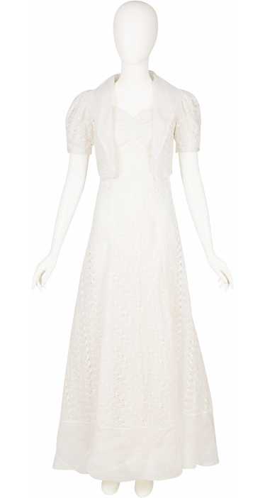 1930s White Silk Organza Eyelet Gown & Bolero Set
