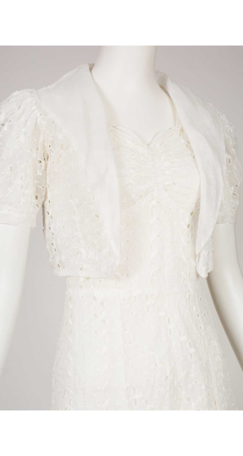 1930s White Silk Organza Eyelet Gown & Bolero Set - image 3