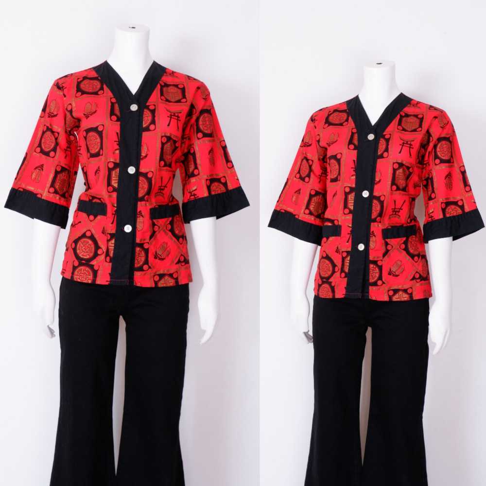 1960s Kingsway Sears Red and Black T Shirt Blouse… - image 1