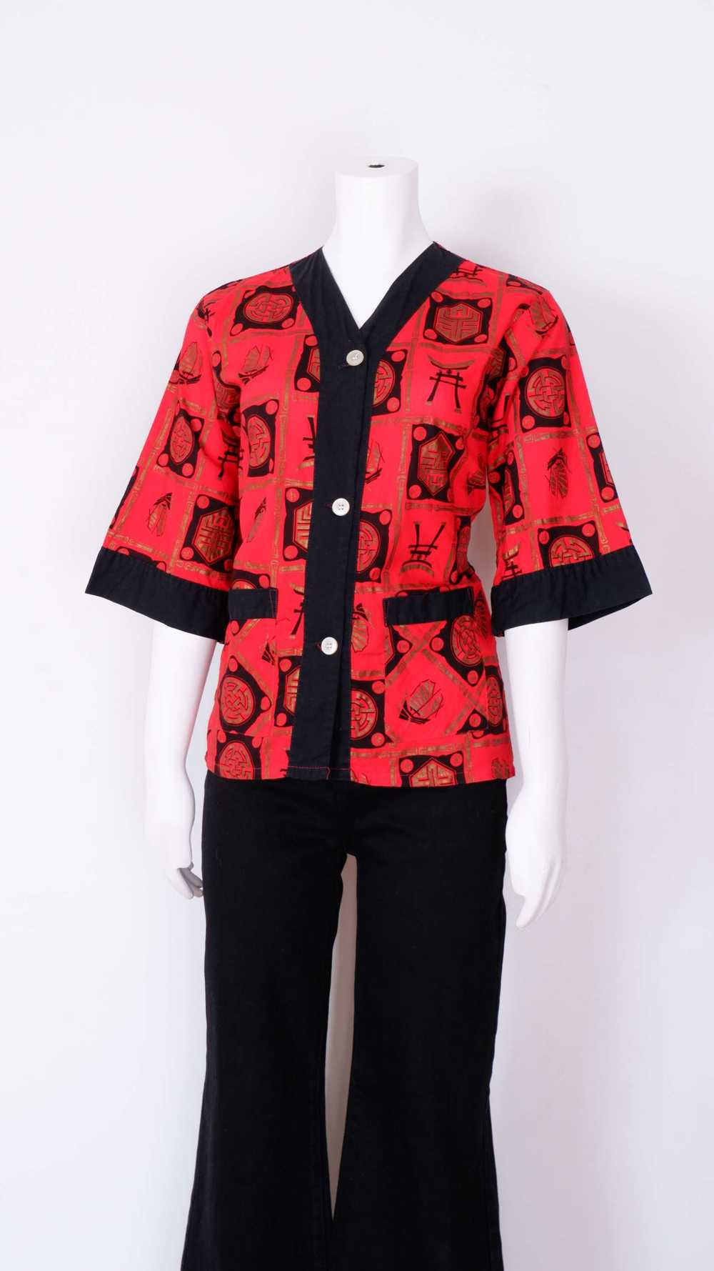 1960s Kingsway Sears Red and Black T Shirt Blouse… - image 3