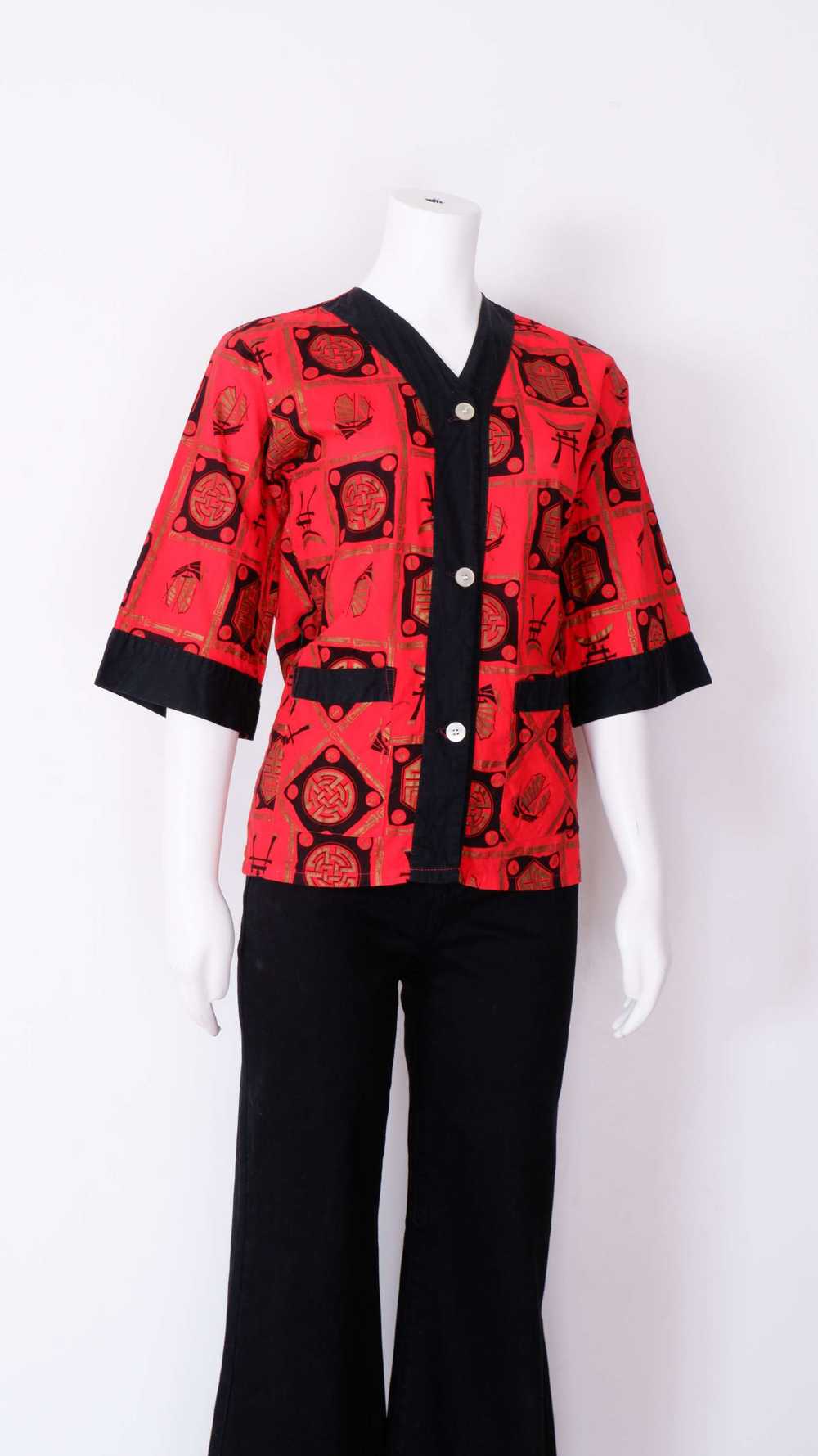 1960s Kingsway Sears Red and Black T Shirt Blouse… - image 7