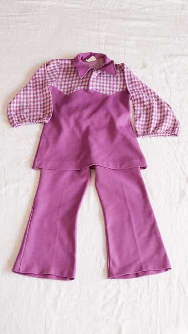 1970s Purple Gingham Girls Wide Leg Pant and Top S