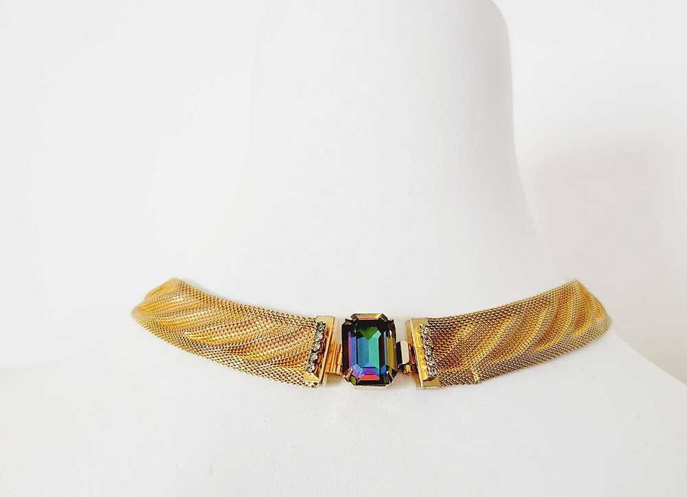 Vintage Gold Tone Mesh Choker Necklace with Blue … - image 2