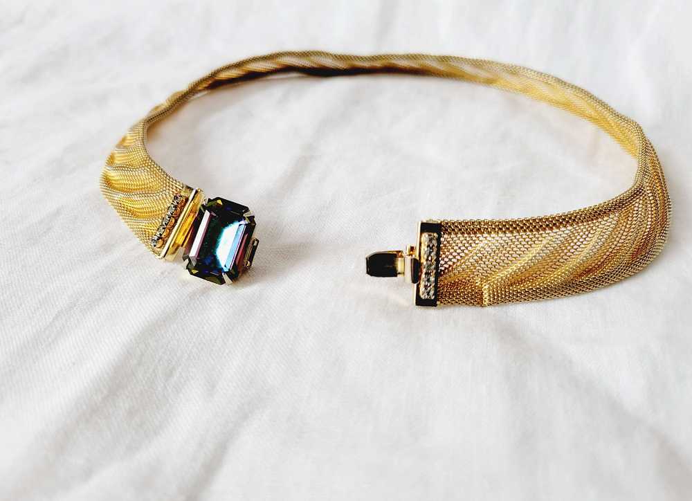 Vintage Gold Tone Mesh Choker Necklace with Blue … - image 5