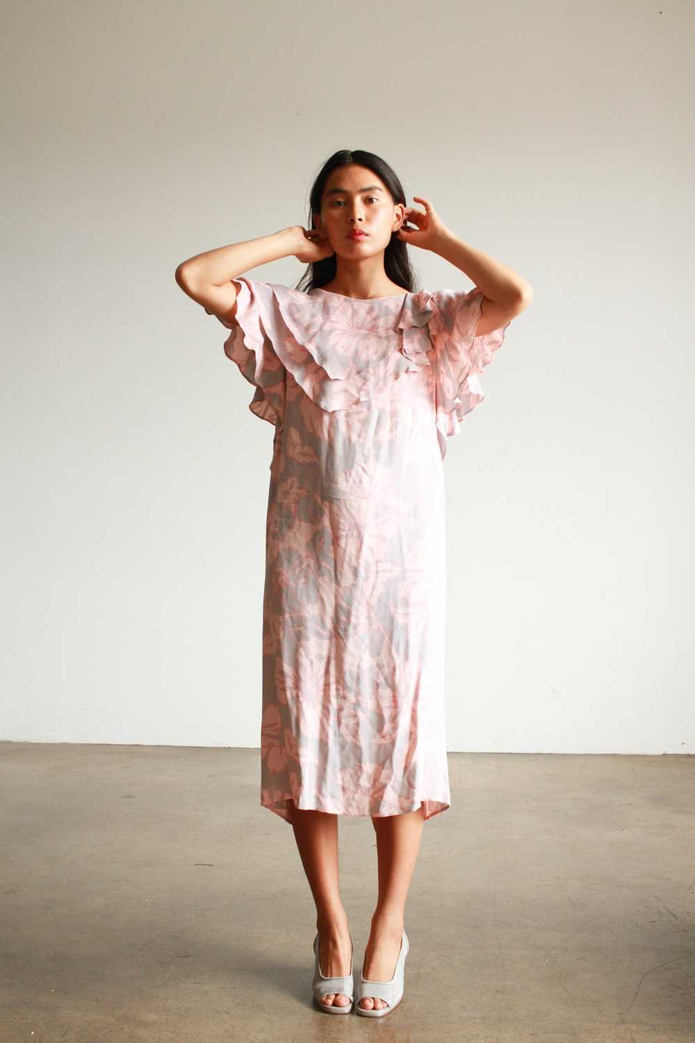 1980s Pink Duo Tone Rayon Ruffled Midi Dress - image 1