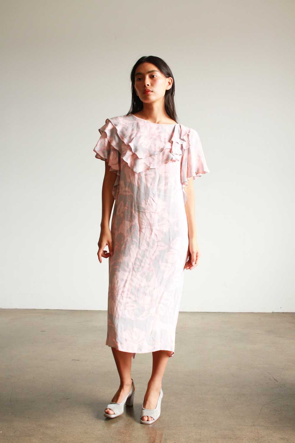 1980s Pink Duo Tone Rayon Ruffled Midi Dress - image 3