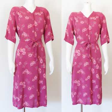 1930s 1940s Purple Floral Rayon Dress with Belt -… - image 1