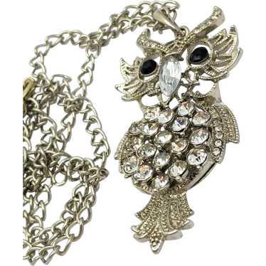 Long Silver Rhinestone Owl Pendant Necklace - image 1