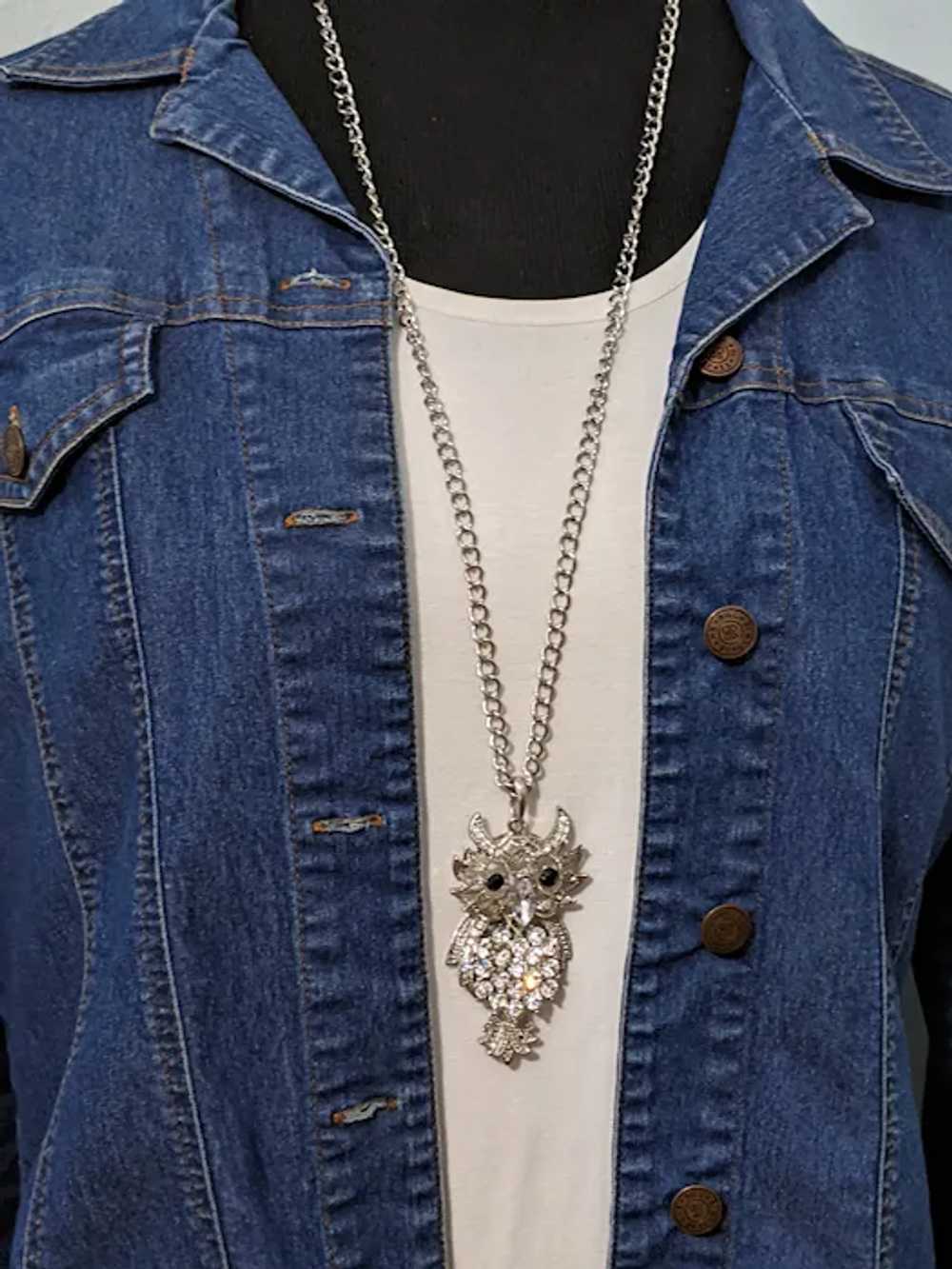Long Silver Rhinestone Owl Pendant Necklace - image 2